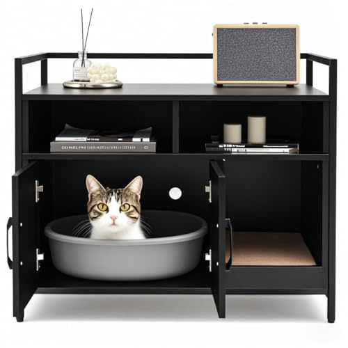 SOARS Katzenschrank für Katzentoilette mit Kratzmatte,89 x 45 x 74,5 cm Katzenhaus mit offenen Regalen & 2 Fächern & hohe Beine, Katzenklo Schrank Katzenmöbel für Wohnzimmer,Flur,Eingang (Schwarz)