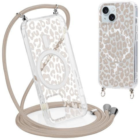 Coalbooliy Handykette Handyhülle für iPhone 15 Hülle 6,1 mit Band Cover Kompatibel mit Magsafe, Transparent Aesthetic Leopard Muster Cover mit Kordel zum umhängen Case Kameraschutz Stoßfest, 01