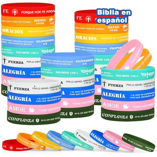 HONTIUS Pulsera de motivación de silicona de versión en español de 8 pulgadas, pulsera de regalo religioso, 9 citas de la Biblia, 9 colores, regalo ideal, regalo del equipo