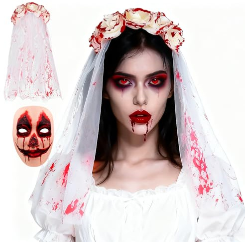 Fonyet Halloween Blutiger Schleier Braut mit Blutiger Maske und Haarnadel, Horror Halloween Ghost Schleier Braut Kostüm Zubehör für Karneval und Gruselfeiern