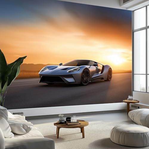 200 x 140 cm Papier peint panoramique Nature Sport Voiture Coucher De Soleil Murale, Poster et Tableaux Muraux Imprimés 3D, Papier peint intissé Couleur Orange pour décoration chambre et salon