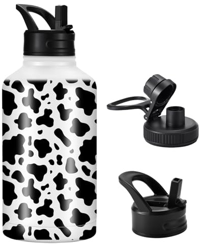 FOLAI Edelstahl Auslaufsichere Trinkflasche 2L Mit Strohhalm,Erwachsene GroßE Fitnessstudio Sportflasche,Bpa Frei Wasserflasche Gym,SpüLmaschinenfest,FüR KohlensäUrehaltige GeträNke(Kuhmuster)