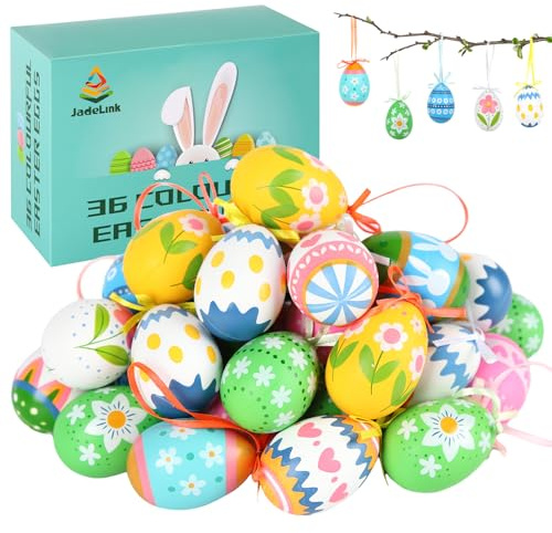 JadeLink 36 Stück Ostereier zum Aufhängen, Bunte Plastik Ostereier zum Bemalen mit Schnur, Ostern Geschenk Kinder für Draußen und Innen Osterdeko Deko zu Ostern