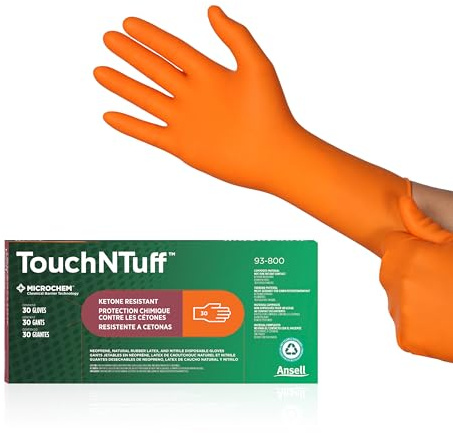 Ansell TouchNTuff 93-800 Chemical Resistant Disposable Nitrile Gloves for Cleaning, Painting, Degreasing, Size 8 (M) Orange (Box of 30)