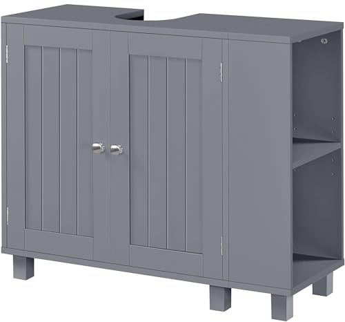 Yaheetech Mobile Sottolavabo con Ripiani Regolabili Armadio da Bagno Autoportante con Apertura a U Mobile da Bagno a Due Ante con Scaffale Laterale Aperto e Ganci (Grigio Scuro)
