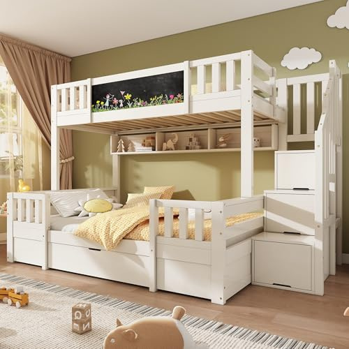Merax Double Bunk Bed, Children's Bed, with Storage Stair, Drawers and Chalkboard, for Family with Multiple Children, (90+135) x 190 cm, Solid Wood, White