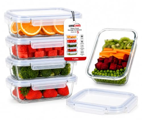 BH | 5-Pack Glass Food Storage Containers with Lids | 1000ml | Borosilicate Glass Meal Prep Containers | Airtight & Leakproof Food Storage Boxes | BPA Free, Microwave, Dishwasher Safe – by Best House