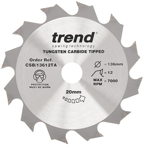 Trend Wood Cordless Circular Saw Blade, 136mm Diameter, 20mm Bore, 12 Teeth, 1.5mm Kerf, +15° Hook, TCT, Coarse Finish, CSB/13612TA | TCT Blade For Fast, Coarse Crosscuts In Wood, With 12 Teeth, 1.5mm Kerf And +15° Hook Angle, CSB/13612TA