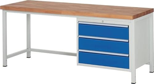 Werkbank, BxTxH 2000x700x840 mm, 3 Schubladen 3x18 0 mm, Buche-Massiv-Platte 40 mm, RAL7035/RAL5010