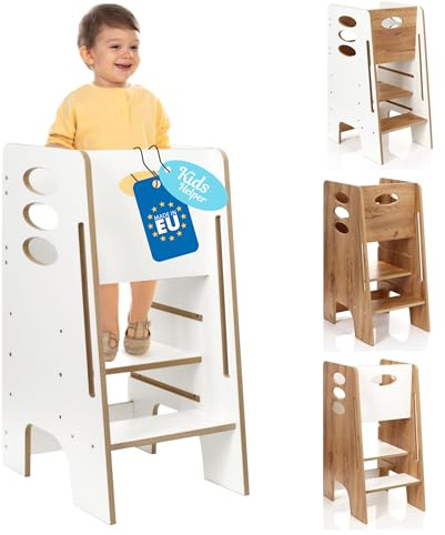 Kitchen Kids Helper Lernturm ab 1 Jahr - Höhenverstellbarer Lernturm Montessori Weiß 80cm - Sicherer Learning Tower für Kinder - Ideal für Küche & Bad - Stabile Konstruktion - Leichter Aufbau