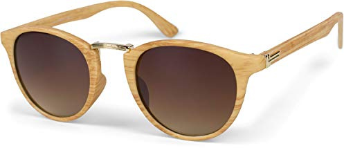 styleBREAKER Gafas de sol para mujer con diseño de madera, lentes redondos, puente de metal y montura de plástico de borde completo 09020083, Montura marrón claro-dorado/vidrio gradiente marrón