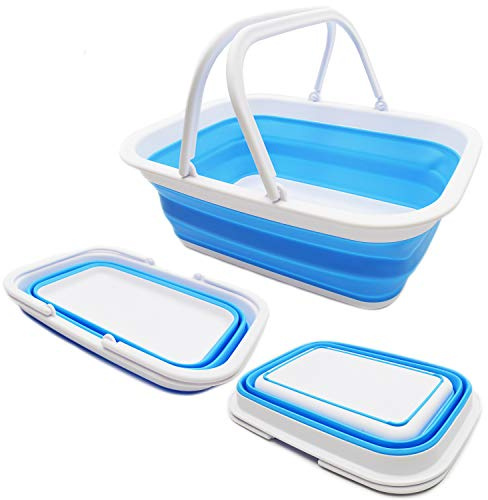 SAMMART 9.2L (2.37Gallon) Containeranne mit Griff – tragbarer Picknickkorb für den Außenbereich – Faltbare Einkaufstasche – platzsparender Aufbewahrungsbehälter (White/Marine Blue)