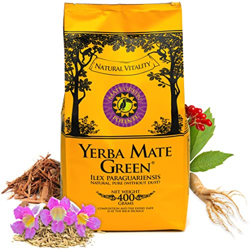 Yerba Mate Green 'Potente' 400g | Brasilianischer Mate-Tee mit Catuaba-Rinde, sibirischer Ginsengwurzel, Lapacho-Rinde und Muira Puama | Natürliche Inhaltsstoffe | Lose grüne Mateblätter