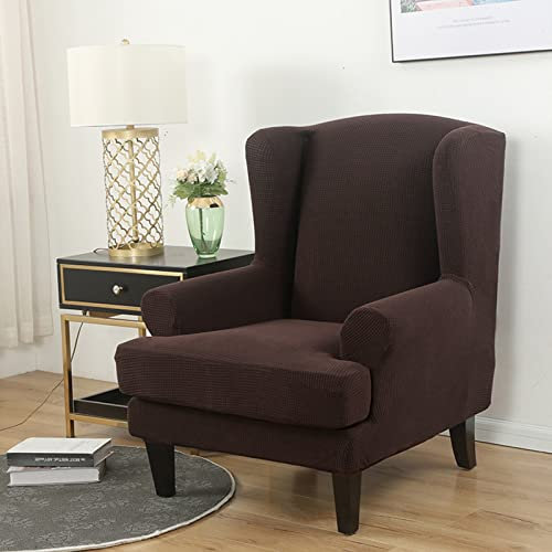 GUYIRT 2-teiliges Spandex Ohrensessel Überzug Strecken Sesselhusse Gestrickter Jacquard mit hohem Rücken Sesselhusse Waffelstoff Sofaüberwurf -braun-