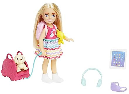 Barbie Chelsea Small Doll & 6 Accessories, Travel Set with Puppy, Pet Carrier & Backpack that Opens & Closes, Blonde Hair, HJY17