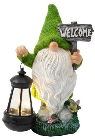 Gardenwize – Solar “Welcome” Gnome with Lantern – LED Solar-Powered Outdoor Garden Ornament, Eco-Friendly Décor for Patios and Balconies