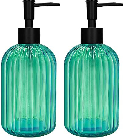 2 Stück Glas Seifenspender mit Schwarz Pumpe, 400ml Nachfüllbarer Pumpspender für Küche, Badezimmer Order Waschküche, Flüssigglasflasche für die Spülmittel, Shampoo, Spülung