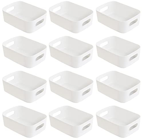Hwtcjx 12 PCS White Plastic Storage Baskets with Handle, Rectangular Kitchen Organiser, Small Baskets for Storage, Storage Boxes for Kitchen, Fridge, Cupboard, Office, School, Home (15.5x11x5.5cm)