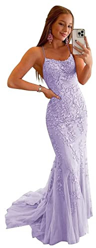Mermaid Prom Dresses for Teenagers Long Lilac Dress Spaghetti Strap Floral Applique Tulle Formal Evening Dress 11 Year Old Prom Dresses