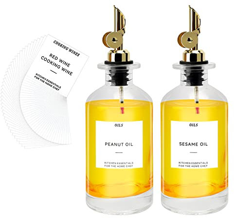 Ticeed 2er Set Essig und Ölflaschen Ölspender Dosierflasche Glas-Olivenölspender Sirupspender Glasölbehälter mit Ausgießer aus Edelstahl Trichter Etiketten für Küche Öl Essig (350ml)