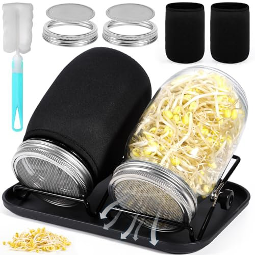 MOYKSRR Barattolo Germogliatore Set, Kit di Barattoli per Germogliamento di Semi, 2 1000ml Germogliatore in Vetro, 2 Coperture, 2 Supporti e 1 Vassoio, 2 Manicotti Oscuranti, 1 Spazzola