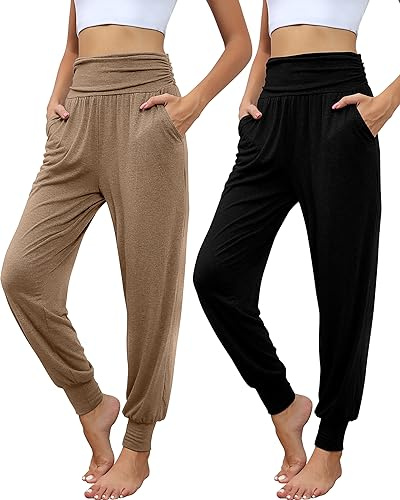 Locoowai 2 Pack Women's Yoga Joggers, Cozy Sweatpants with Pockets Casual Loose Comfy High Waisted Lounge Pants(Black, Light Coffee,Small)