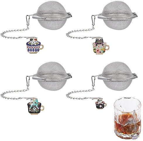 UNICRAFTALE 4 Sets Runde Teesieb 304 Edelstahl Teefilter Für Lose Tee Netz Teesieb Mit Legierung Emaille Katzenbecher Anhänger Kugel Mesh Tee Halter Tee Ei Zum Aufbrühen von Tee Gewürze Und Gewürze