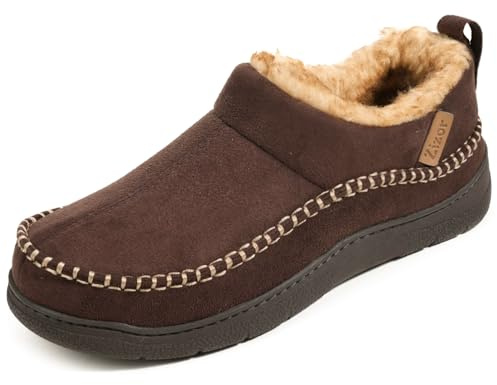 Zigzagger Men's Moccasin Slippers, Non Slip Rubber Sole Microsuede House Shoes,Coffee,11