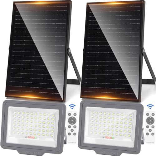 Aigostar 200W Solar LED Strahler Außen,Superhelles Solar Flutlichter mit Fernbedienung,Großes Solarpanel & Batteriekapazitä,15000mAH,2000LM,6500K Kaltweiß,IP65,Solarlampen für Gärten,2 Stück