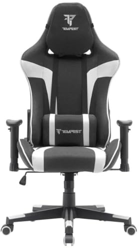 Tempest Conquer Silla Gaming, Tela Transpirable, Reclinable 180°, Cojines Lumbar y Cervical, 150kg, Silla Gamer Negra y Blanca