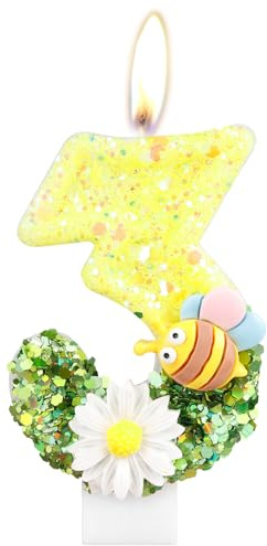 Honigbiene und Blume Geburtstagskerzen Zahlen 3, Personalisierte Geburtstagsdeko 3 Jahr Junge Mädchen, Gelb Kerzen Geburtstag, Dekorationen für Kindergeburtstag kerzen mit Bienenmotiven