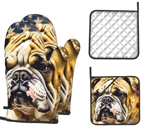 Lot de 4 maniques et maniques en silicone antidérapants pour cuisine, pâtisserie, barbecue et drapeau - Motif drapeau et bouledogue