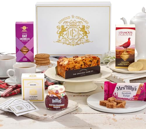 Edmond & Charles Luxury Scottish Afternoon Tea Hamper | Gift Box with Teas, Fruit Cake, Shortbread, Biscuits, Jam & Fudge | Artisanal Birthday Treats from Scotland | Hampers Presents for Men & Women