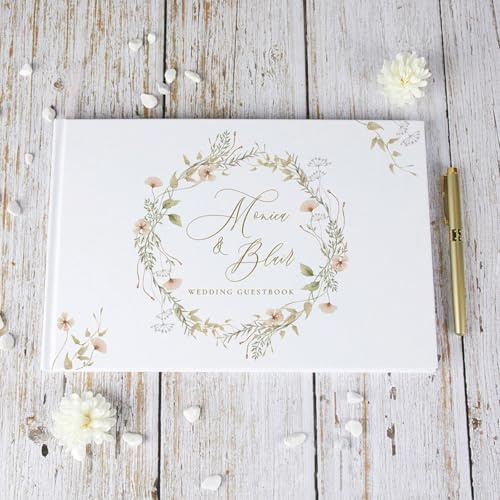 Maßgeschneidertes großes A4-Hochzeitsgästebuch mit Blumenkranz, fester Einband, personalisiertes Hochzeits-Sammelalbum – individuelles Geschenk-Gästebuch for Paare – Verlobungsgeschenk, Liebesherz-Des