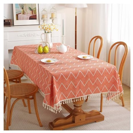 Abwaschbare Tischdecke Orange, Baumwolle Tischdecke Welle Mit Quaste Tablecloth Rechteck 140x180CM