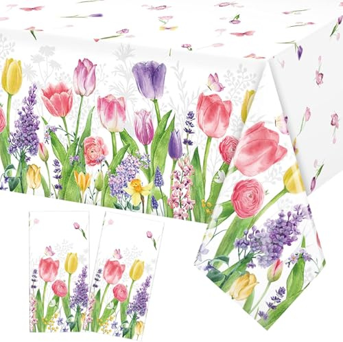 LUYANFX 2 Pezzi Tovaglia Fiori, Tovaglia Primaverile Antimacchia Tettangolare Tovaglie a Tulipano per Feste Primaverili, Feste a Tema Floreale, Pasqua, Picnic, 137 x 274 cm