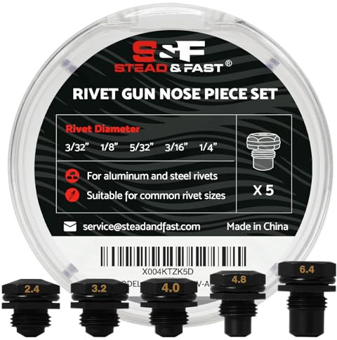 S&F STEAD & FAST Rivet Gun Retention Nose Pieces 5-Pack, 3/32, 1/8, 5/32, 3/16, 1/4, Replacement Tips for PW-RIV-001 Cordless Rivet Tool Kit