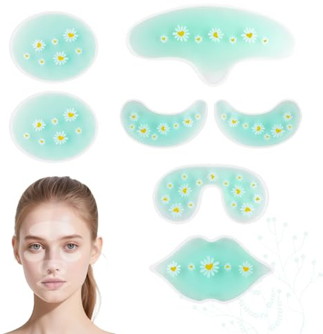 NEWGO Eye Gel Masks, 7-in-1 Reusable Face Ice Pack Set – Hot & Cold Gel Pads for Eyes, Nose, Lips & Face – for Puffiness, Injections, Migraines, Swelling & Nosebleeds – Daisy Print