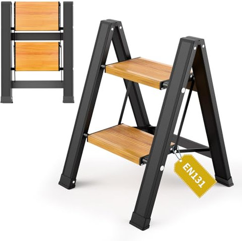 KULACO Scaletta pieghevole a 2 gradini, in alluminio, con ampio pedale antiscivolo, scala leggera fino a 150 kg, scala pieghevole per casa, ufficio, garage