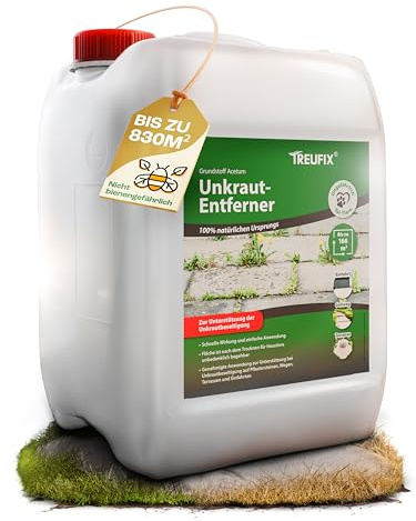 Treufix Konzentrat zur Unkrautentfernung Grundstoff Acetum (Essigsäure) 5L | Ohne Glypohosat zur Unterstützung bei Unkrautbeseitigung auf Pflastersteine, Gartenwege, Terrasse & Einfahrt - Made in DE