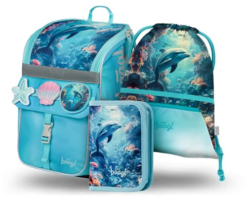 Baagl Skolryggsäck för pojkar och flickor 3-delat set grundskola ryggsäck med bröstbälte ergonomisk skolryggsäck, Delfin, 28x37x17 cm
