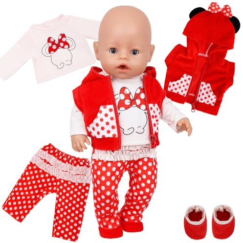 Baby Kleidung für 14-18 Zoll Baby Puppen, Puppenkleidung Puppenkleider Set mit Rote Tupfen-Kapuzenweste Maus-Top Modische Hose Socken für 30-45 cm Neugeborene Baby Puppen Mädchen Ostern Geburtstag