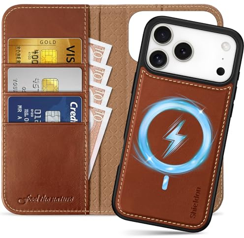 SHIELDON 2 IN 1 Echtleder Hülle für iPhone 17 Pro Max 6,9 5G, Retro Braun | Abnehmbar, 3 Kartenfächer, Kabelloses Laden, Ständer, RFID Blocker, Handy-Ösen, Magnet Case, Klapphülle