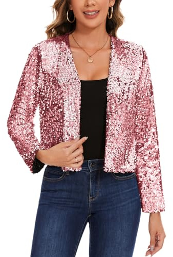 LADI TREND Fully Lined Sequin Shrug Bolero Glitter Cardigan Jackets Long Sleeve Cropped Top Open Front Jacket Weddings Cocktail Parties and Nights Out (Pink S)