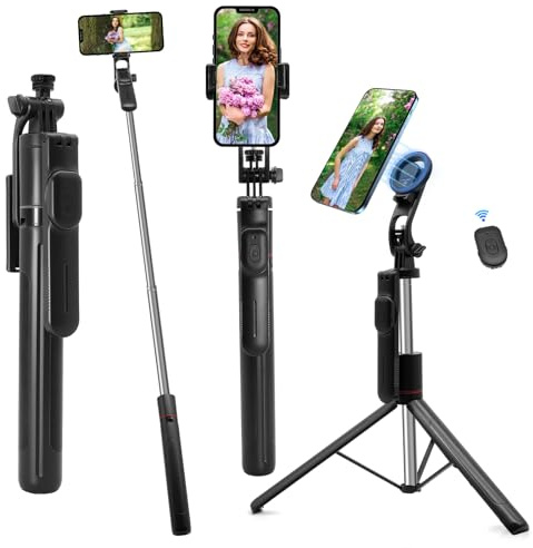Magnetisches Selfie Stick Stativ – mit Abnehmbarer Handyhalterung, 360° drehbar, Smartphone Stativ mit 1/4 Schrauben und Bluetooth Fernbedienung, kompatibel mit iOS 5.1+ und Android 5.0+