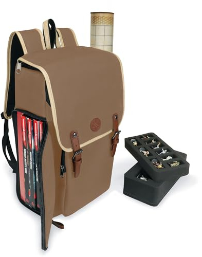 ENHANCE Designer Edition DnD-Rucksack - Stilvoller RPG-Rucksack für Dungeons and Dragons - Reisetasche für 4 Bücher und Ordner mit Miniaturaufbewahrung, Kartenhalter, bequemen Schultergurten (Bräunen)