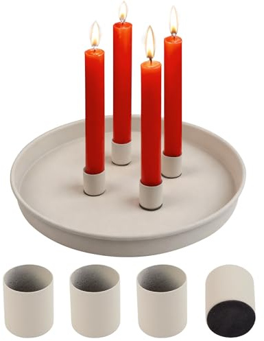 Joxessaien Magnet Kerzentablett Beige Ø 23 cm – Rundes Metall Deko Tablett mit 4 Magnet Stabkerzenhaltern – Skandi Kerzenständer für Advent, Weihnachten & Festliche Tischdeko