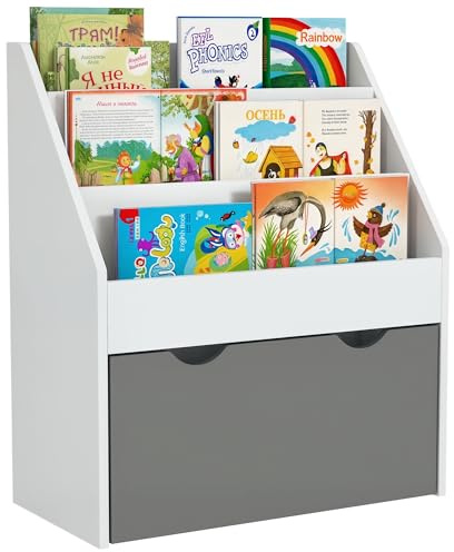 AIYAPLAY Libreria per Bambini 3-8 Anni a 3 Ripiani con Cassetto Inferiore, Scaffale Portagiochi in Legno MDF, 62.5x30x70 cm, Bianco e Grigio
