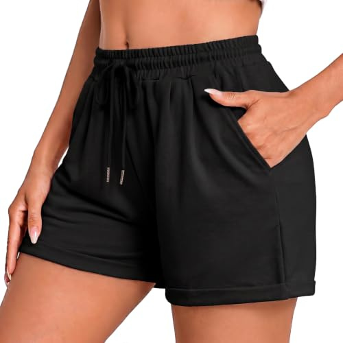 Litherday Pantalones Cortos Mujer Verano Bolsillos Cordón Cintura Elástica | Algodón elástico suave, cintura alta con cordón y bolsillos laterales, corte cómodo para yoga, fitness, casa y uso diario