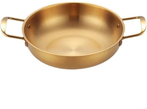 Poêle à paella en acier inoxydable, double poignée à fond plat, grande casserole pour plaque à induction, ustensile de cuisine professionnel (doré, 28 cm)